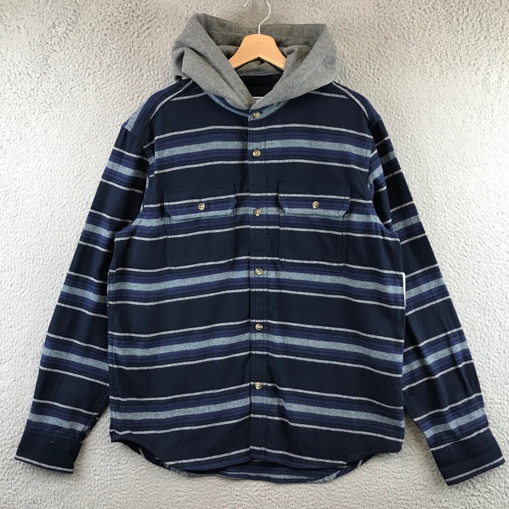 New Old Navy Men's Striped Hooded Flannel Shirt Size L Blue Grey Long Sleeve